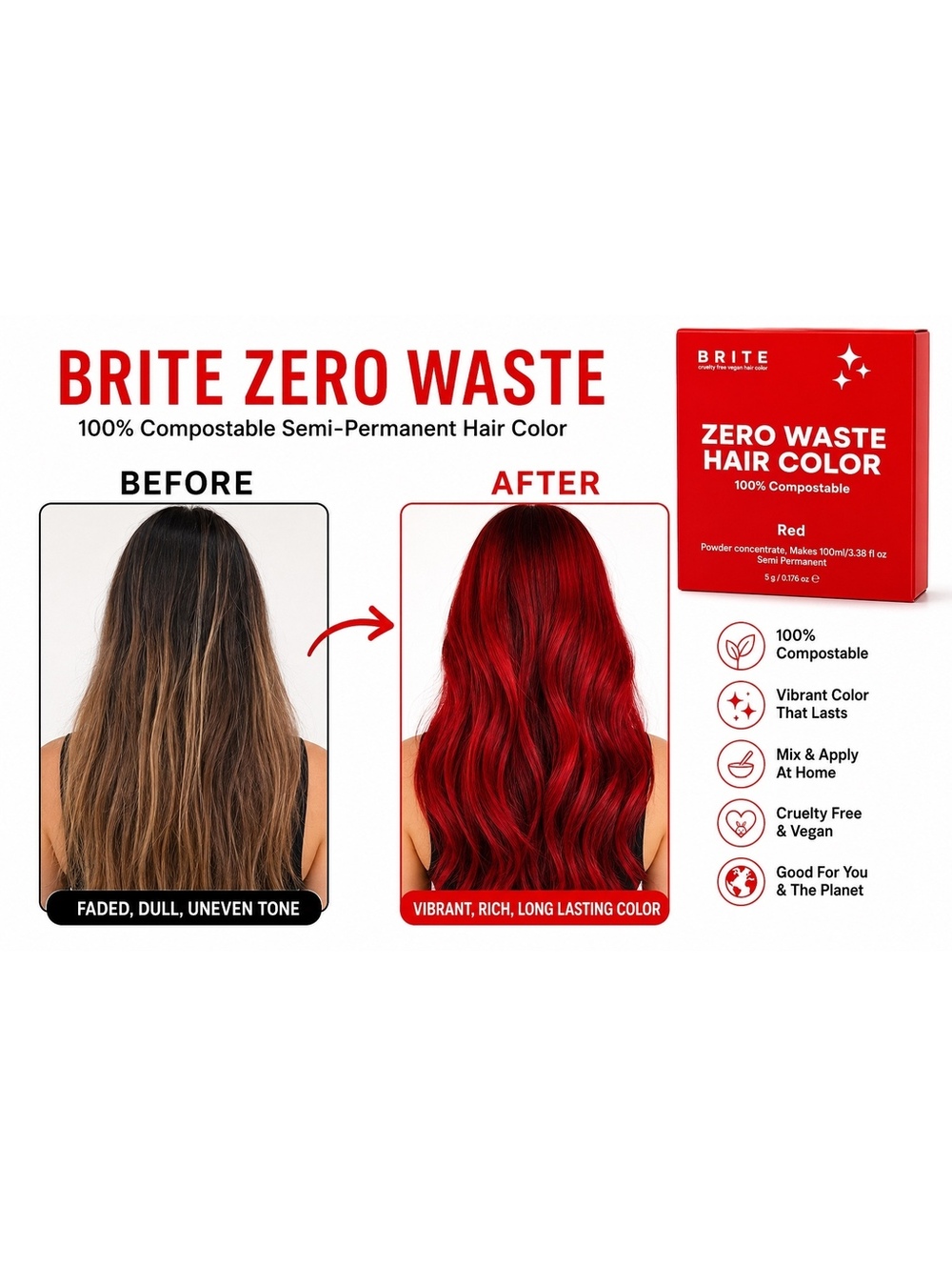 BRITE Zero Waste Semi Permanent Hair Color Red Vegan Compostable 5g Powder Dye